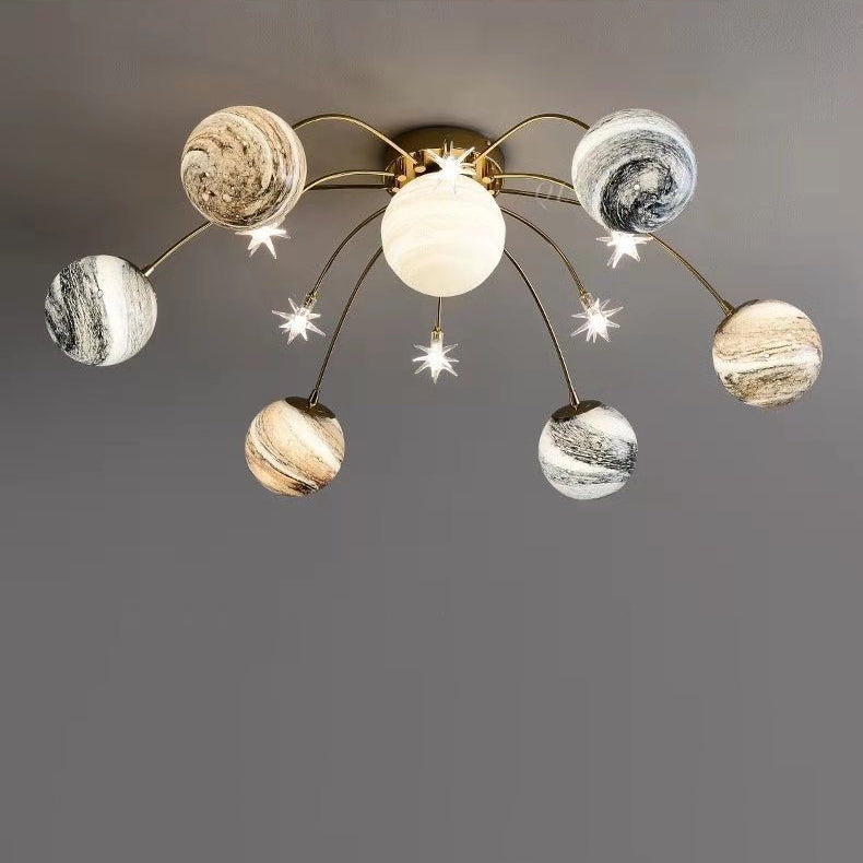 Contemporary Nordic Kids Iron Glass Ball Earth Planet 13-Light Semi-Flush Mount Ceiling Light For Bedroom