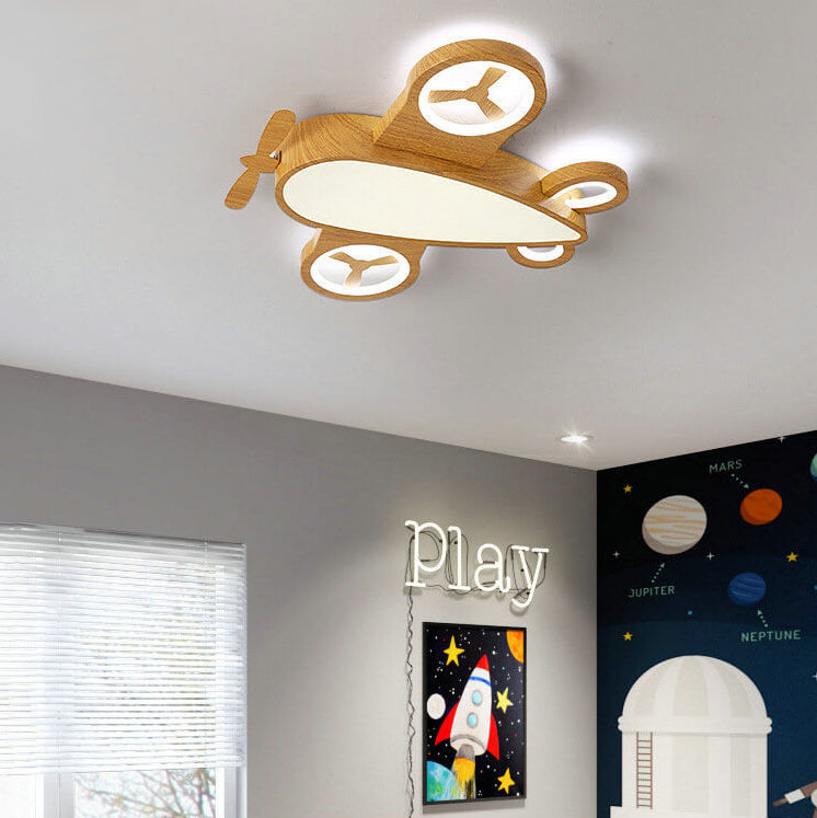 Cartoon Creative Wood Grain Aircraft LED Kids Flush Mount Ceiling Light