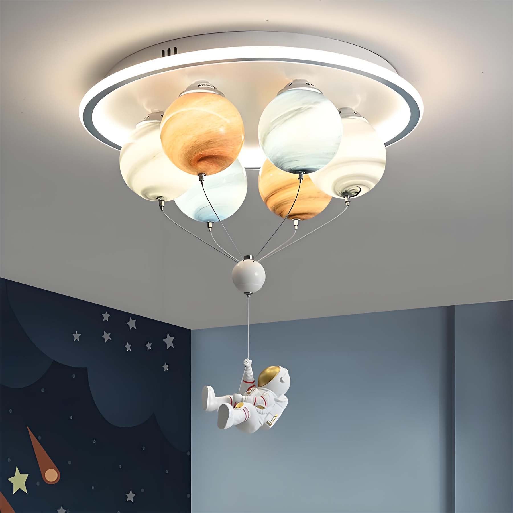 Contemporary Creative Kids Planet Space Hot Air Balloon Astronaut Iron Resin Glass 6-Light LED Semi-Flush Mount Ceiling Light For Bedroom