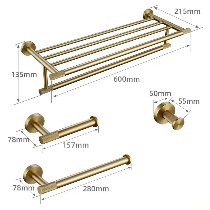 Brushed Gold Bathroom Accessories – Towel Rail, Toilet Roll Holder, Hooks and Shelf