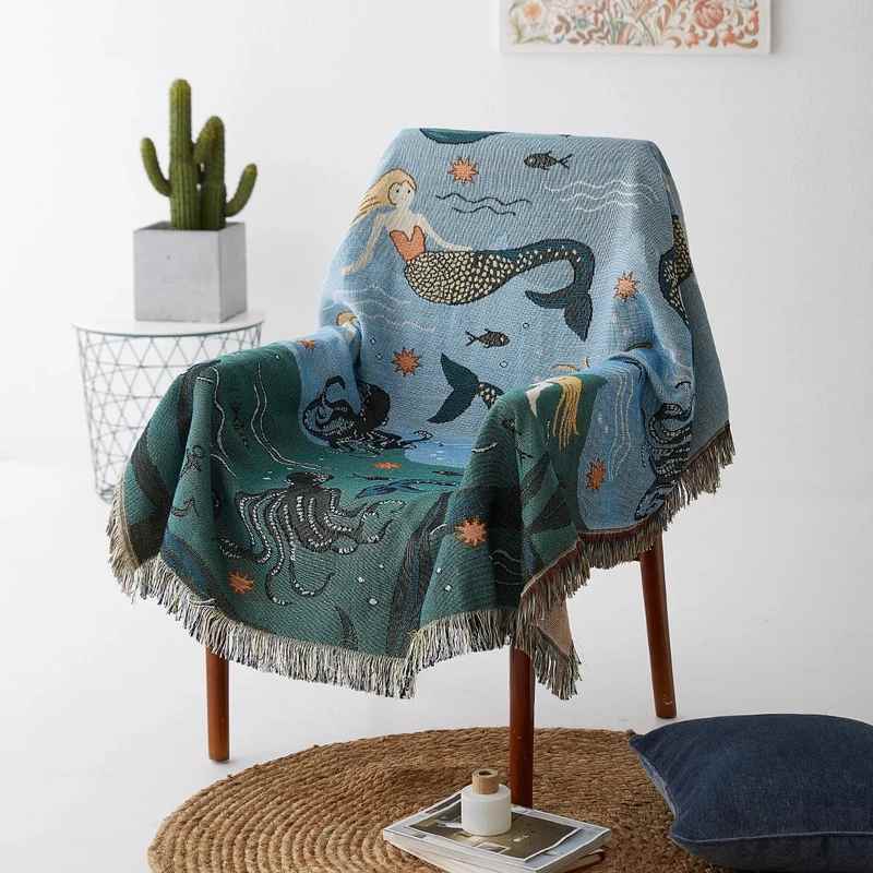 Mermaid Pattern Throw Blanket – Nordic-Style Bed & Sofa Cover for Living Room