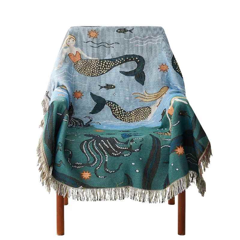 Mermaid Pattern Throw Blanket – Nordic-Style Bed & Sofa Cover for Living Room