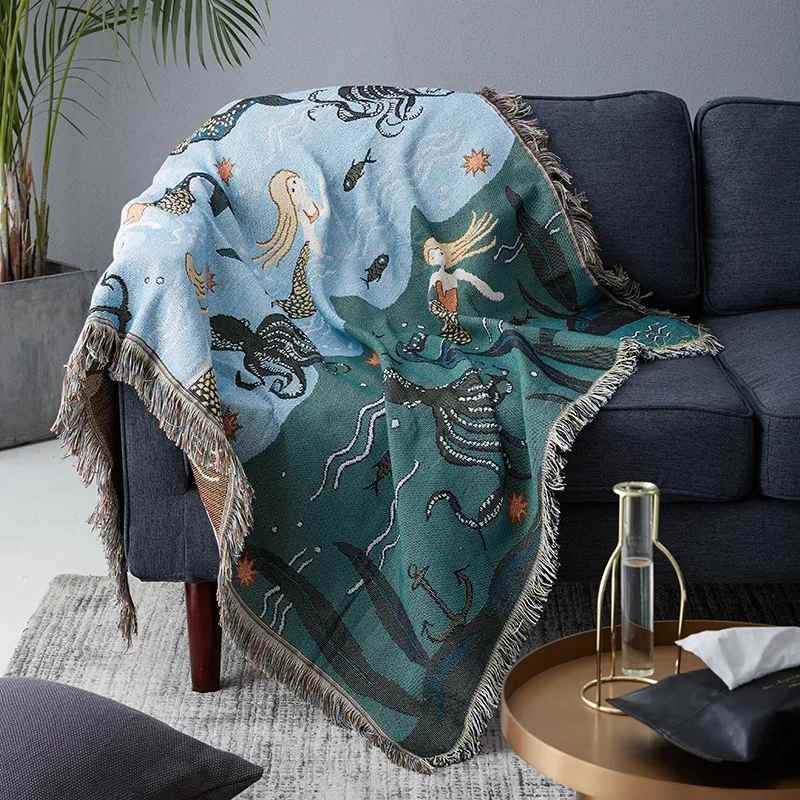 Mermaid Pattern Throw Blanket – Nordic-Style Bed & Sofa Cover for Living Room