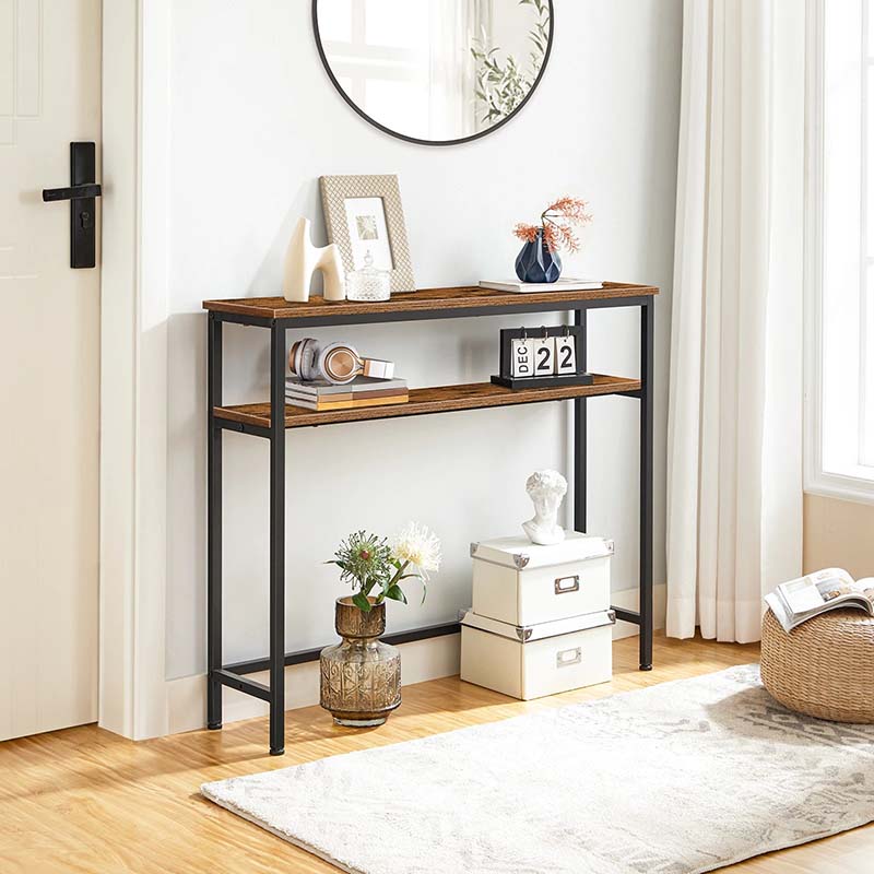 Modern Narrow Console Table – Black Metal & Rustic Wood Design