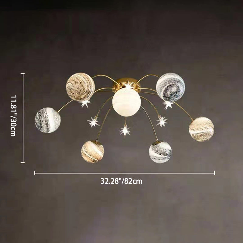 Contemporary Nordic Kids Iron Glass Ball Earth Planet 13-Light Semi-Flush Mount Ceiling Light For Bedroom