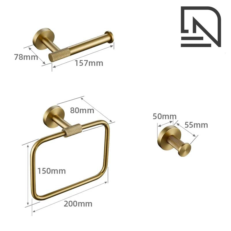 Brushed Gold Bathroom Accessories – Towel Rail, Toilet Roll Holder, Hooks and Shelf