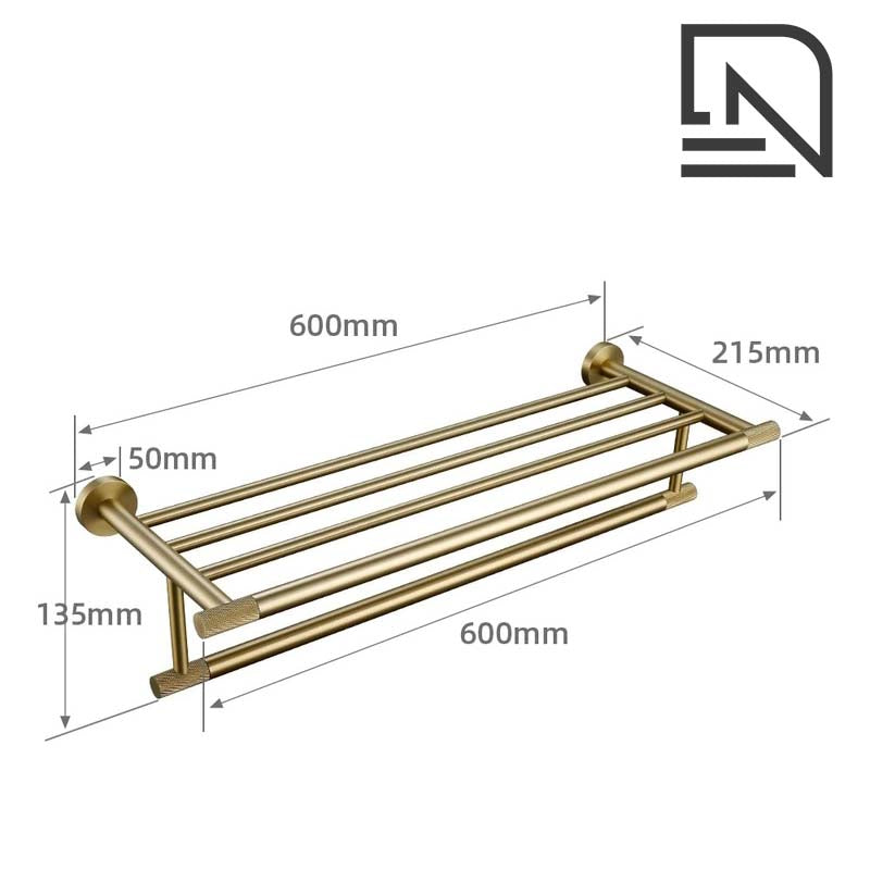 Brushed Gold Bathroom Accessories – Towel Rail, Toilet Roll Holder, Hooks and Shelf