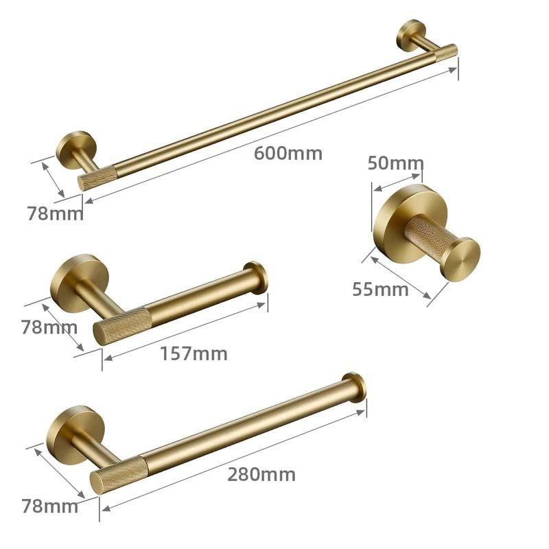 Brushed Gold Bathroom Accessories – Towel Rail, Toilet Roll Holder, Hooks and Shelf