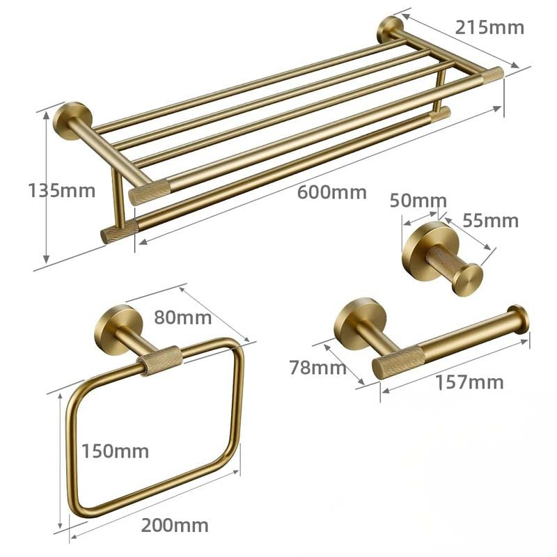 Brushed Gold Bathroom Accessories – Towel Rail, Toilet Roll Holder, Hooks and Shelf
