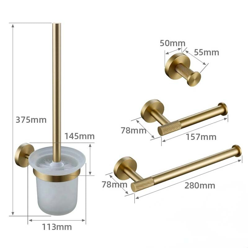 Brushed Gold Bathroom Accessories – Towel Rail, Toilet Roll Holder, Hooks and Shelf