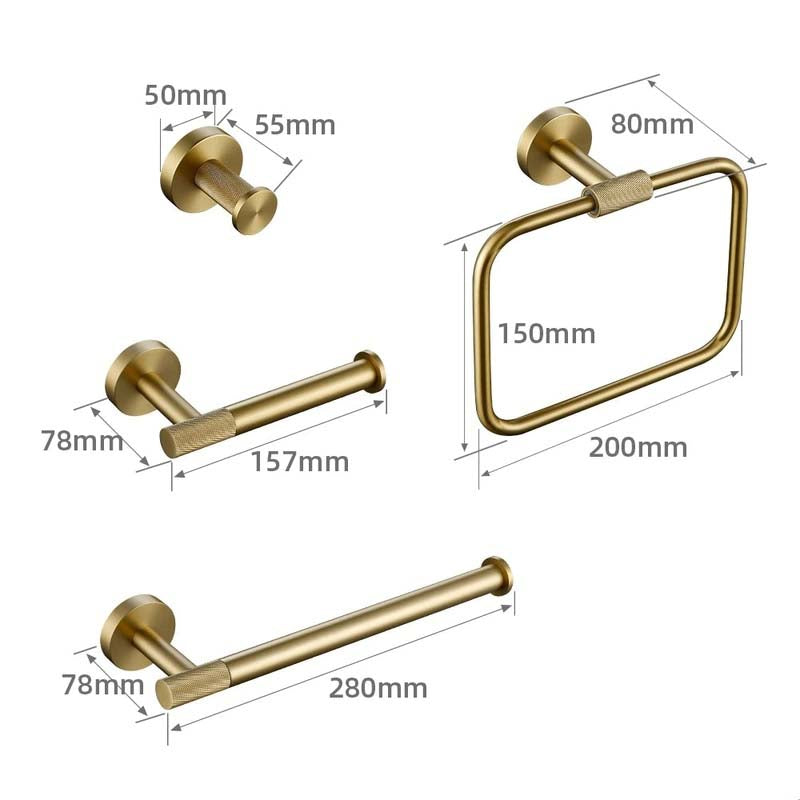 Brushed Gold Bathroom Accessories – Towel Rail, Toilet Roll Holder, Hooks and Shelf