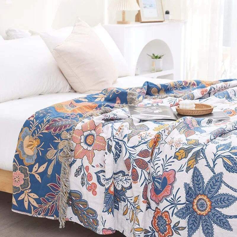 Reversible Cotton Throw Blanket - Scandinavian Floral Home Décor
