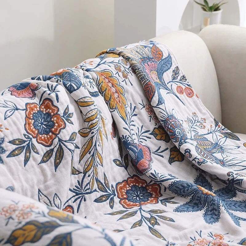 Reversible Cotton Throw Blanket - Scandinavian Floral Home Décor