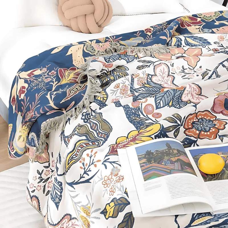 Reversible Cotton Throw Blanket - Scandinavian Floral Home Décor