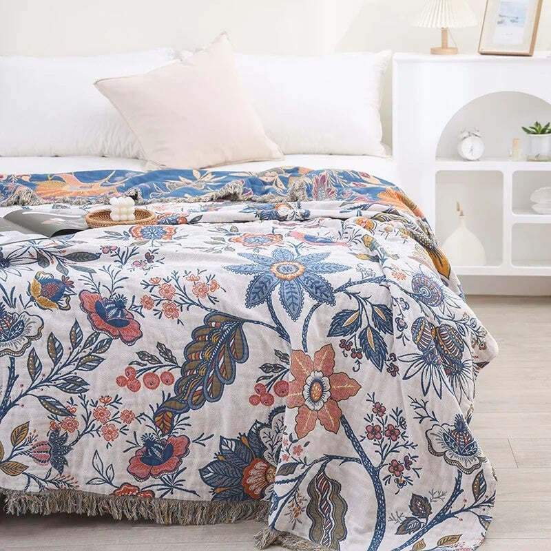 Reversible Cotton Throw Blanket - Scandinavian Floral Home Décor
